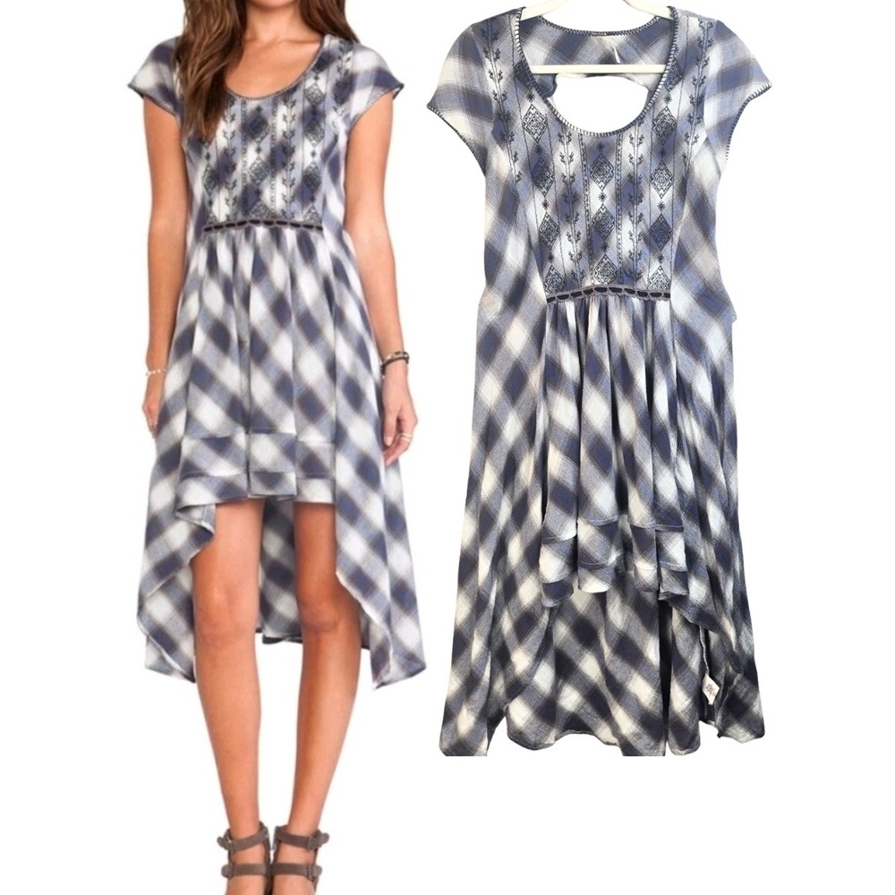 Free People Embroidered Plaid‎ High Low Dress S Blue Cotton Boho Peasant Cottage